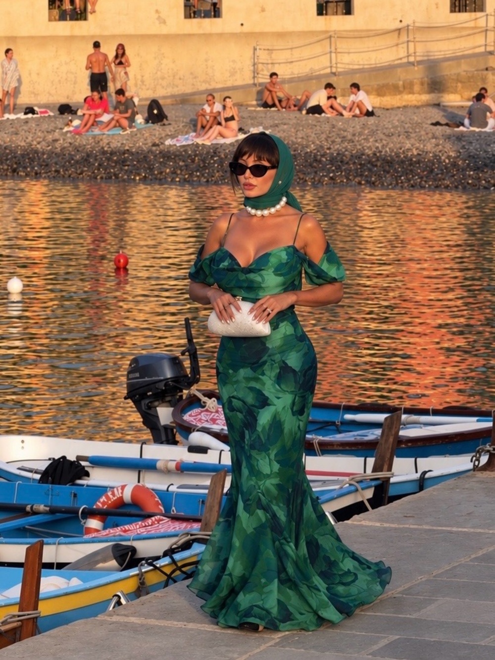 Green Marble-Print Maxi Slip Dress with Draped Straps